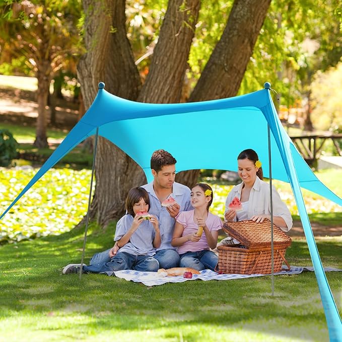 Beach Tent - 9.8 * 6.5 FT Beach Canopy Portable Beach Tent Sun Shelter UPF50 with 4 Sandbags 2 Stability Poles Ground Pegs and Anti-Wind Ropes Outdoor Beach Shade Canopy for Camping Sky Blue
