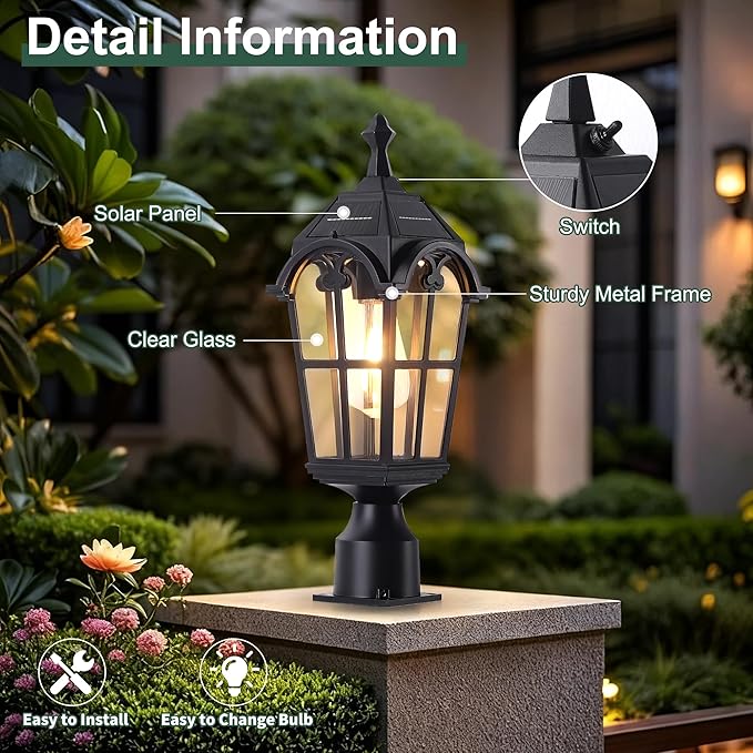 Solar Post Lights Outdoor with Bulb Dusk to Dawn Lamp Posts Outdoor Lighting Waterproof Solar Post Lamp Anti-Rust Exterior Pole Light Outside Pole Lighting for Yard Pathway Driveway Fence -2 Pack