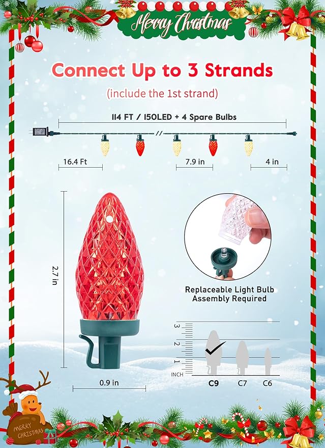 C9 Christmas Lights Outdoor Waterproof 114 Feet 150 LED C9 String Lights with Timer &amp 8 Light Mode Connectable Christmas Tree Lights for Indoor Outside Roofline Patio Decoration Red &amp Warm