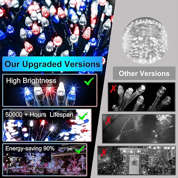 750 LED 240FT Christmas Lights Outdoor12 Lighting Modes Christmas String Lights with Timer Dimmable Plug in Red White and Blue LED StringLights Waterproof for Yard Tree Wedding Party Holiday