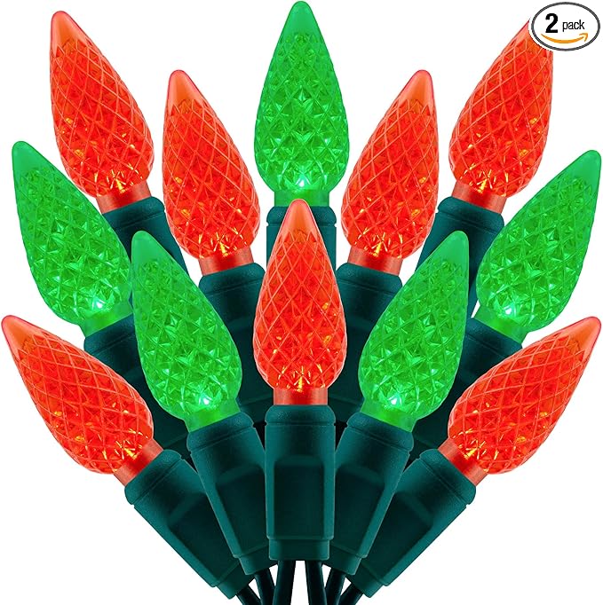 140 Red and Green Strawberry One-Piece LED Christmas Lights Pack of 2 Strands 70 Count 36 ft High Waterproof UL Certified C6 Outdoor String Lights (Red &amp Green)