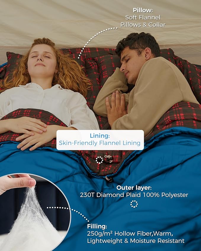 KingCamp Double Sleeping Bag for Adults Queen Size 2 Person XXL Flannel Sleeping Bag Waterproof Lightweight Flannel Quilt with 2 Pillows Perfect for Couples Family Camping Hiking