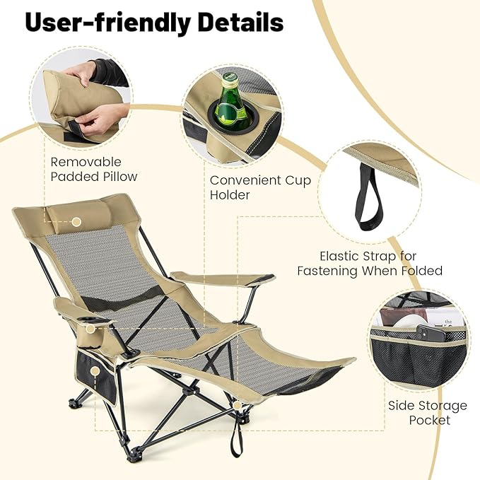 GYMAX Camping Chair Adjustable Reclining Lounge Chair w/Removable Footrest Padded Pillow Cup Holder &amp Side Pocket Folding Camping Mesh Chair w/Carry Bag for Outdoor Patio Lakeside (2 Khaki)