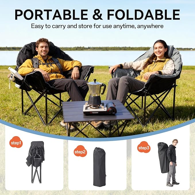 Oversized Heated Camping Chair Folding Heated Outdoor Chair with Back &amp Seat Heating Heavy Duty Support 400 lbs Portable Heated Camp Chair for PatioTailgating Picnic Battery NOT Included Bl