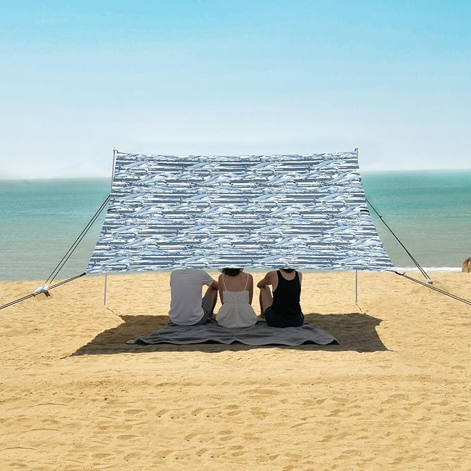 ALAZA Shark Stripes Beach Tent Sun Shelter UPF50+ Protection Beach Shade Canopy w/ 4 Sandbags for Outdoor Camping Fishing Backyard Fun Picnic 10x9 ft