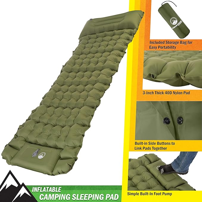 Sleeping Pad for Camping - Inflatable Mat with Built-in Foot Pump - Waterproof Camp Mattress - Camping Gear Must Haves by Wakeman Outdoors (Olive)
