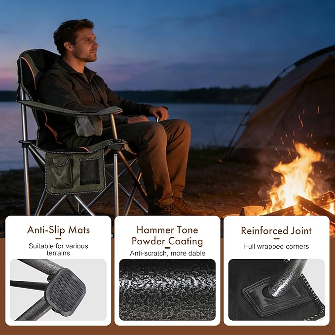 Oversized Camping Chair Heavy Duty Steel Frame 450 LBS Capacity Collapsible Padded Arm Chair with Cup Holder Lumbar Support Portable for Outdoor Garden Beach Home (1 Green)