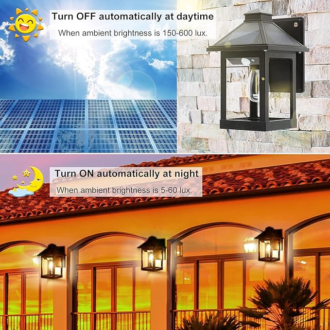 2 Pack Solar Wall Lanterns Outdoor with 3 Modes Dusk to Dawn Motion Sensor LED Sconce Lights IP65 Waterproof Exterior Front Porch Security Lamps Wall Mount Patio Fence Garage Decorative