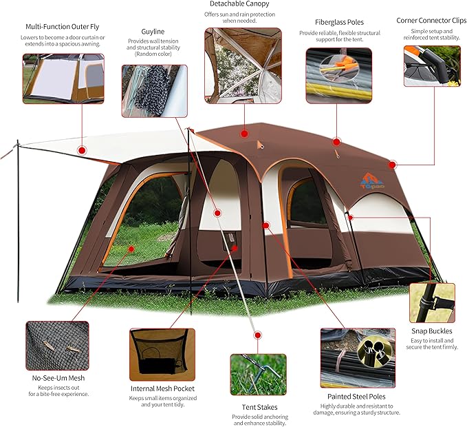 Large Family Standing Upright Camping Tent - 5-12 Persons Multi-Room Waterproof Tent with Screened Porch - Glamping Tent for Outdoor Camping &amp Family Vacation