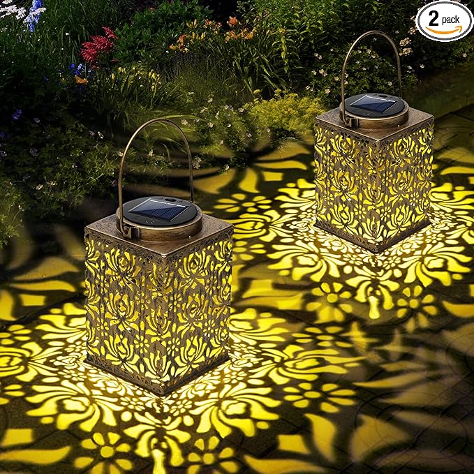 2 Pack Bronze Solar Lanterns - Waterproof Metal Hanging Solar Lights Outdoor Decorative Solar Powered LED Lamp for Patio Tabletop Porch Deck Yard Garden Decor for Outside (Rose)