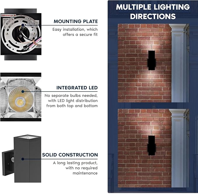 LUXRITE Dusk to Dawn LED Modern Outdoor Wall Light 10 Up or Up and Down Light 3CCT 3000K-5000K Waterproof Square Wall Sconce 15/20/24W Dimmable IP65 ETL Black - Exterior Porch Patio Garage