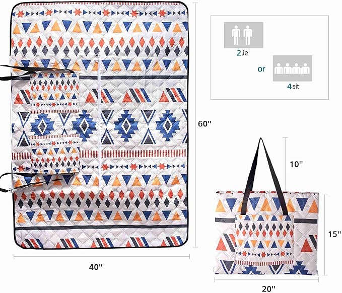 Outdoor Packable Picnic Blanket with Zipper Folds into Tote Bag with Large Storage and Shoulder Strap Waterproof Sandproof for Lawn Beach Hiking Camping (colorful1 Small)