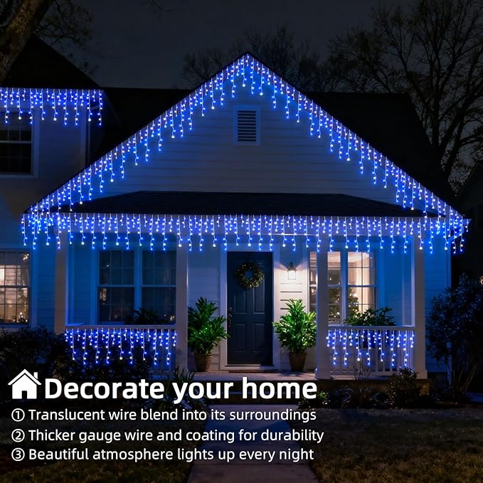 Christmas Outdoor Icicle Lights - 480 LED 66+33 FT 8 Modes Curtain Fairy String Light Plug in Waterproof for Eaves Yard Holiday Xmas Holiday Indoor Outdoor Decoration - Blue White
