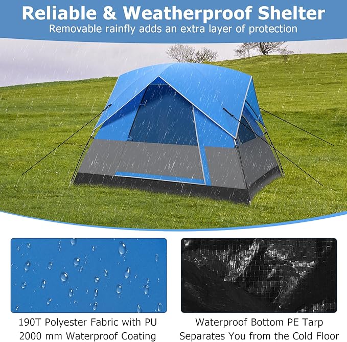 Tangkula 3 Person Camping Tent Portable Backpacking Tent with Removable Rainfly Floor Mat 3 Mesh Walls &amp Zippered Doors Carrying Bag Family Dome Tent for Camping Hiking Traveling