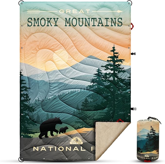 Sherpa Puffy Outdoor Camping Blanket for Traveling Picnics Beach Concert Car Stadium Sporting Events - Wearable Warm Waterproof - 55 X 78 (Great Smoky Mountains NP)