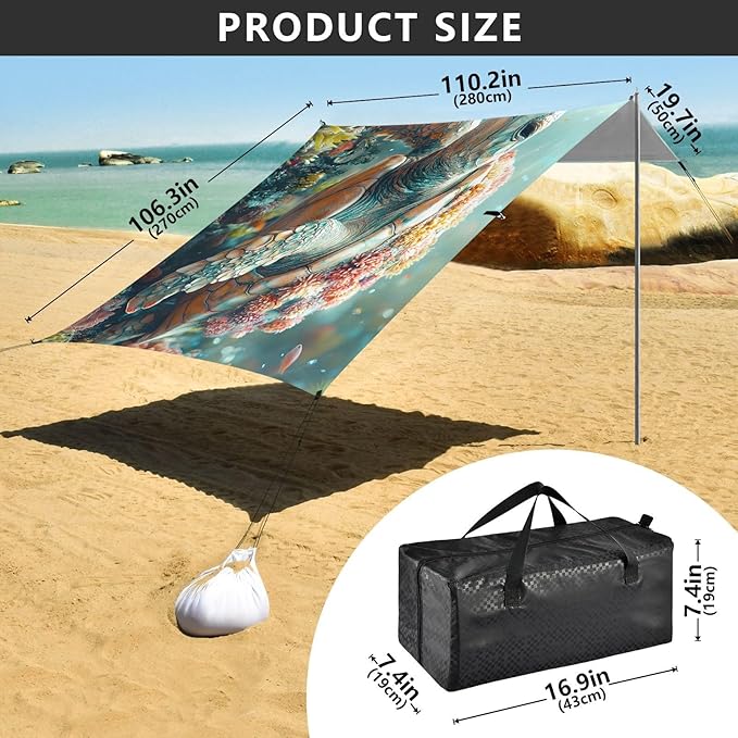 ALAZA Turtle Coral in Sea Beach Tent Sun Shelter UPF50+ Protection Beach Shade Canopy w/ 4 Sandbags for Outdoor Camping Fishing Backyard Fun Picnic 10x9 ft