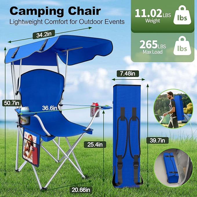 Portable Camping Chair with Canopy - Folding Chair with Canopy Durable 600D Oxford Canopy Chair for Camping Beach Picnics Fishing &amp Sports