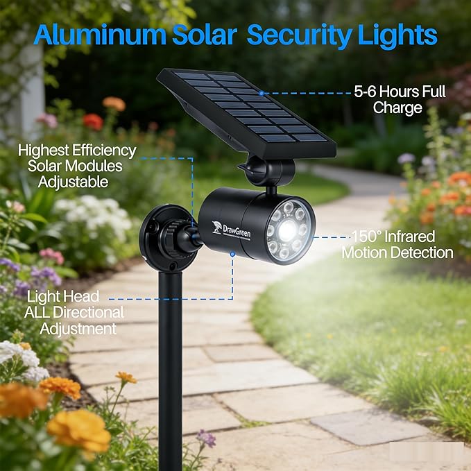 Solar Motion Lights for Outside Aluminum case(Not plastic) Outdoor Solar Flood Security Spot lights 1400LM 9W LED(130W Equ.) Garden Step Deck Patio Post Porch 100-Week FREE Refund/Replacement(Black)