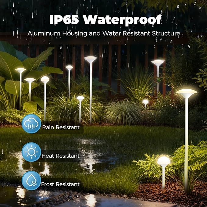Gardencoin LED Low Voltage Outdoor Lighting Kit 24V Outdoor Landscape Decorative Lights Unique Aluminum Mushroom Light Wired with Transformer for Garden Patio Lawn Backyard Pathway Set of 8