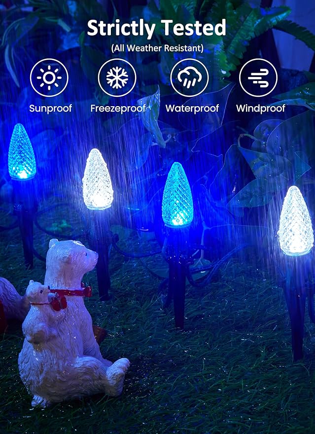Christmas Pathway Lights Outdoor 2 Pack 26 Ft 20 LED C9 Strawberry String Lights with Stakes Connectable Waterproof Outside Christmas Lights Marker for Path Lane Patio Decor Blue &amp Pure White