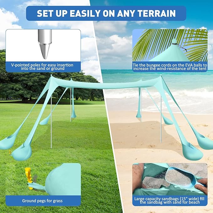 Beach Tent Sun Shelter 10x10ft Beach Canopy Easy Pop Up Sun Shade Portable UPF50+ with 8 Sandbags-2 Sand Shovel-4 Aluminum Poles-Ground Pegs for Outdoor Family Camping Fishing Backyard Picnic