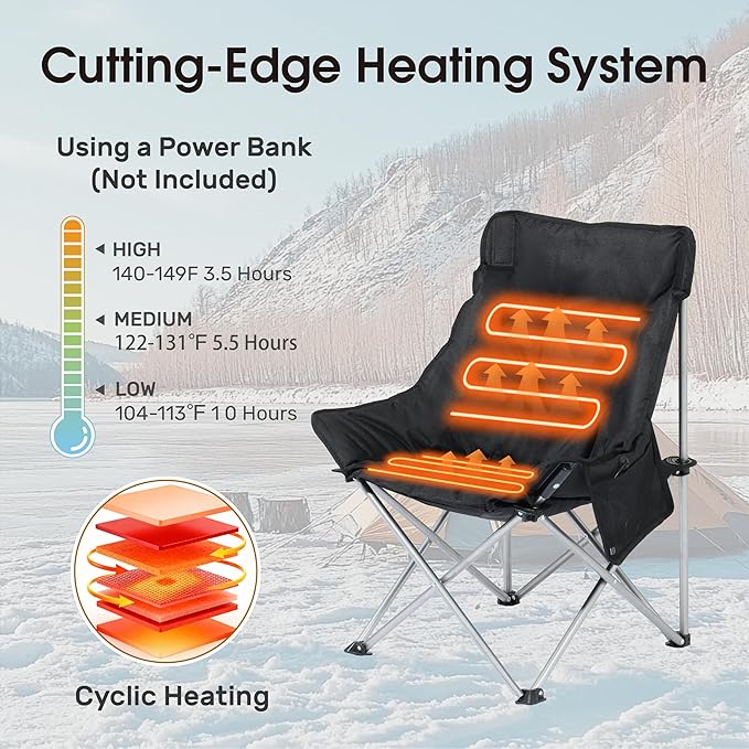 SunSettler Heated Camping Chair Oversized Heated Outdoor Chairs for Adults with 3 Heat Levels Portable Folding Padded Chair for Camp Lawn Sports (Battery NOT Included) (Black Small)
