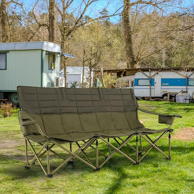 Tangkula 3 Person Oversized Camping Chair Fully Padded Folding Camp Chair with Adjustable Armrests Cup Holders Carrying Bag Portable Outdoor Lawn Chair for Camping Support 900LBS