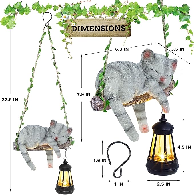 Solar Lighted Garden Outdoor Statue 22.6 H Hanging Swing Lying with A Sleeping Cat and A LED Lantern Resin Animal Figurine Hanging Ornaments with Hook for Decoration &amp Gift