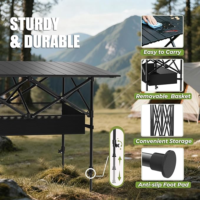 Camping Table Portable Folding Roll-Up Picnic Table with Carry Bag &amp Detachable Storage Pockets Lightweight Outdoor Table for Camping Beach Backyard Party BBQ Patio