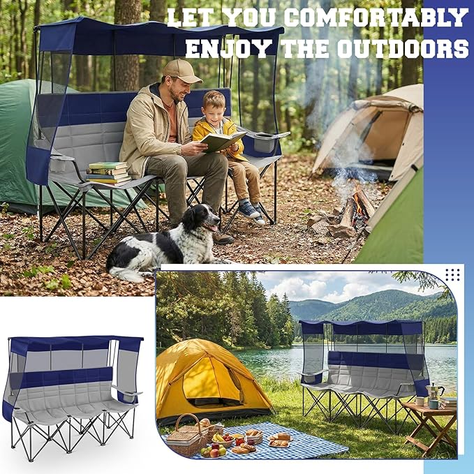 3 Person Beach Camping Chair with Canopy Shade Oversized Folding Loveseat 700lbs Heavy Duty Couch with Cup Holder Carry Bag for Lawn Outdoor Beach (Green Grey Canopy Camp Chair)