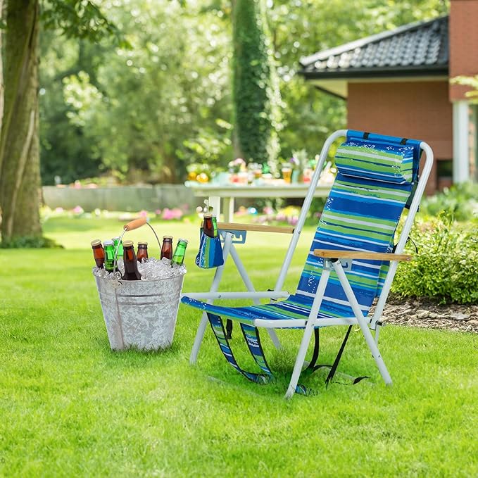 Folding Backpack Beach Chair 4 Position Portable Camping Chair with Headrest Cup Holder and Wooden Armrests (Blue Stripes 2 Packs)