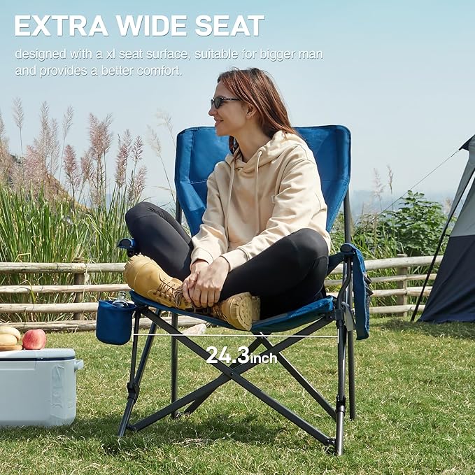 EVER ADVANCED Oversized Folding Camping Chair for Adults with Adjustable Lumbar Support Heavy Duty Chair with Side Pockets Portable Collapsible Quad Chair for Outside