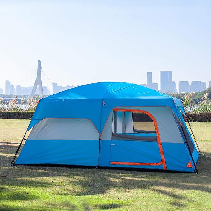 KTT Extra Large Tent 10-12-14 Person(Style-B)Family Cabin Tents2 Rooms3 Doors and 3 Windows with MeshStraight WallWaterproofDouble LayerBig Tent for OutdoorPicnicCampingFamily Gathering