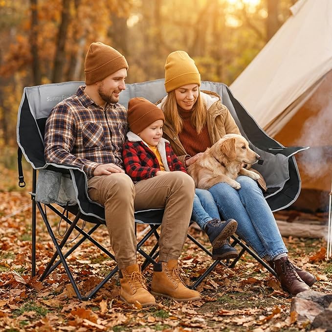 SUNNYFEEL Heated Double Camping Chairs Padded Loveseat Chair for 2 Person Heavy Duty Oversized Camping Couch 600lbs for Adults Portable Outdoor Lawn Chair with Cup Holder for Outdoor Patio RV Camping