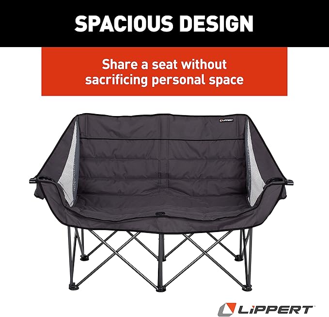 Lippert Campfire Folding Loveseat with 500-lb. Weight Capacity Carry Bag Durable Mesh Fabrics High-Loft Cushioning Storage Pocket Dual Cupholders Stemmed Wine Glass Holder (Grey) - 2021000206