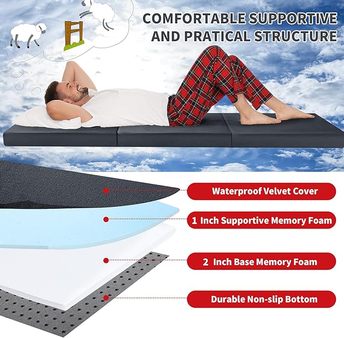 HOMBYS Tri Folding Memory Foam Camping Mattress for Outdoor Sleeping Portable Waterproof Camping Pad Mat for Travel Truck Bed Tent