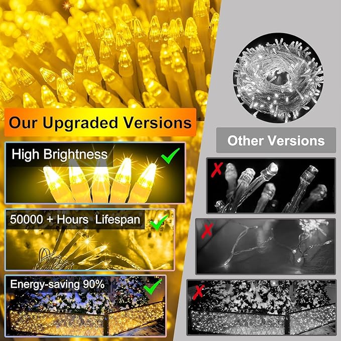504 LED Christmas Lights with 112Drops 50ft 12 Modes Warm White Fairy String Lights with Timer Dimmable Waterproof Twinkle Lights for Indoor Outdoor Holiday Wedding Party Eaves Yard Christmas Decor
