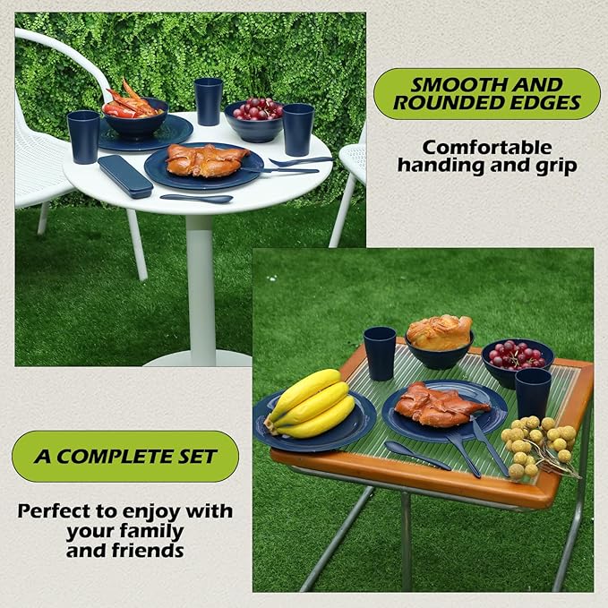 Tioncy 29 Pcs Mess Kit for Camping 4 People Camping Bowls Plates Cups Utensils Set Plastic Reusable Unbreakable Dinnerware Set with drawstring Bag for Travel Picnic Outdoor Dishwasher Safe