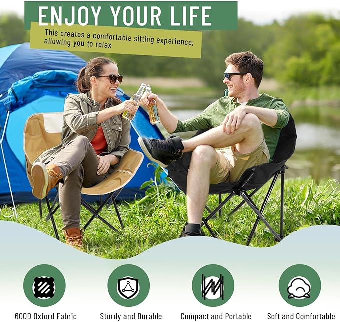 2 Pack Compact Camping Chairs Portable Folding for Outside with Carry Bag Lightweight Moon Chairs for Travel Picnic Hiking Beach Fishing 600D Oxford Supports 330lbs(Khaki Black)