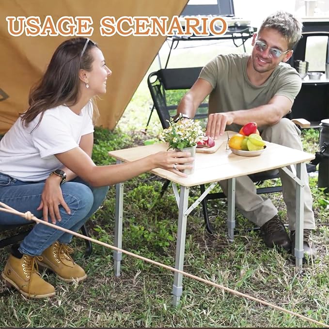 KingCamp Bamboo Folding Table Environmental Camping Table with Adjustable Height Aluminum Legs Heavy Duty 4-Folds Portable Camp Tables for Travel Picnic Party Beach 1-2 People