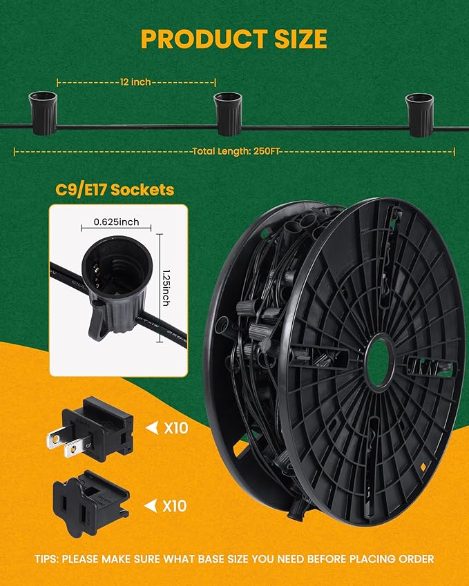 Brightown Commercial 250 FT C9/E17 Christmas Light Sockets Set Spool C9 Outdoor/Indoor String Light Stringer 12 Spacing Black Wire for Wedding Patio Event Party Lighting Decor
