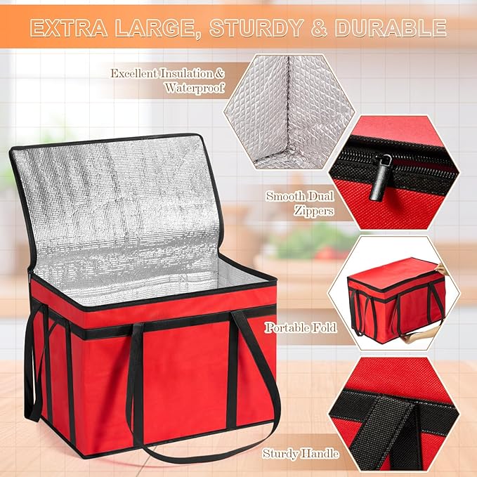 10 Pcs Insulated Food Delivery Bags XXXL Pizza Delivery Catering Bags Large Capacity Cooler Carrier with Handle for Hot and Cold Food Grocery Travel Lunch Shopping Red