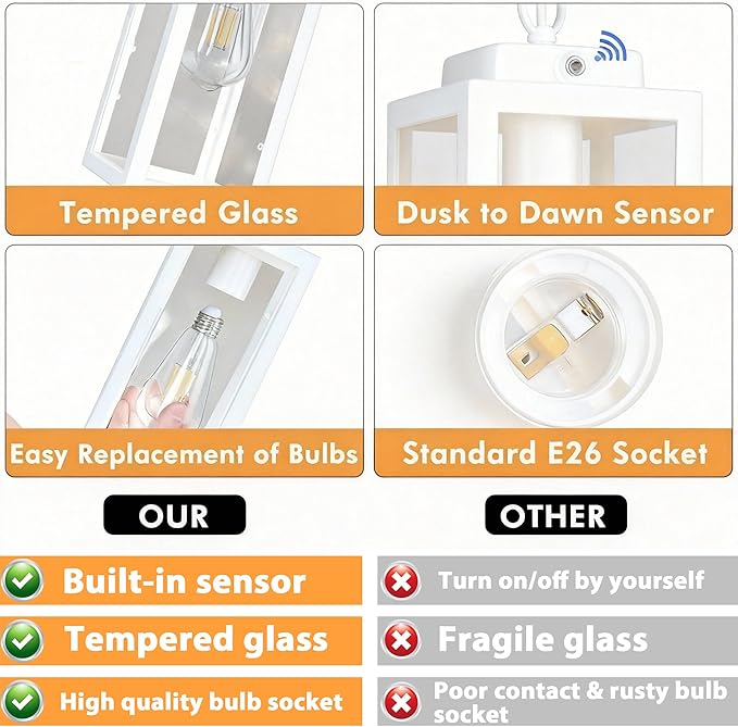 Outdoor Pendant Light Dusk to Dawn 11'' Porch lights Outdoor Chandelier Hanging Ceiling Lights White Aluminum Lightshade with Tempered Glass Exterior Lighting Fixture for Porch Yard Gazebo 1 Pack