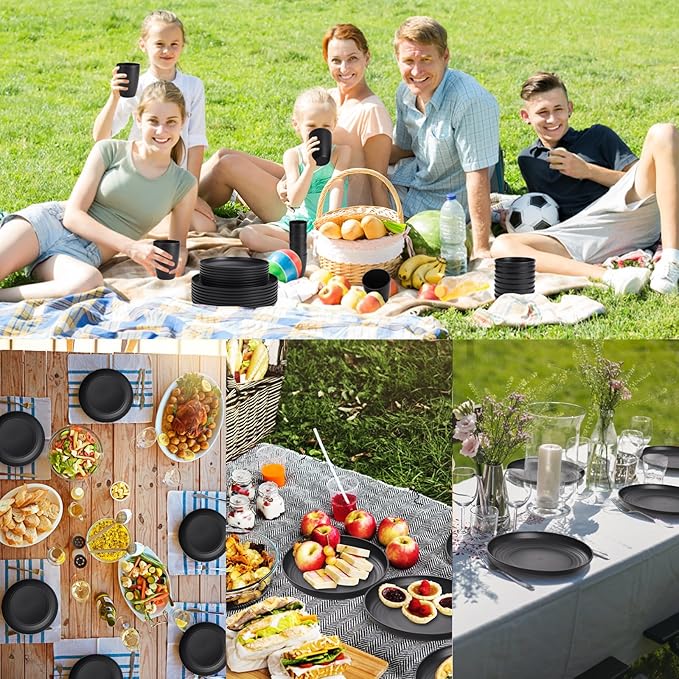Black Plates and Bowls Sets for 8Wheat Straw Dinnerware Sets Black Plastic Reusable Dishwasher Safe for Kitchen Halloween Camping32 Pcs Lightweight Unbreakable Plastic Dishes Set Outdoor