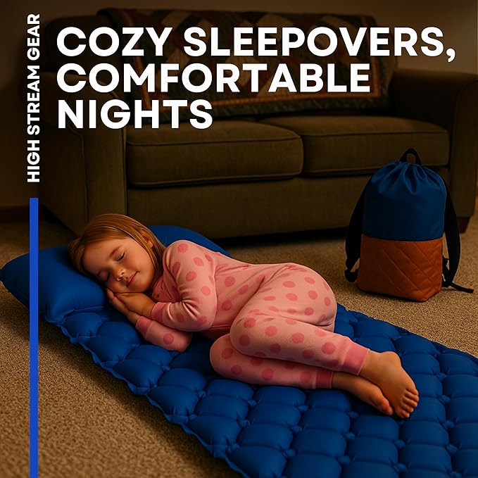 Kids Sleeping Pad for Camping and Sleepovers with Pillow Inflatable Camping Mattress for Backpacking &amp Travel Thick Toddler Cot Mat Fast Inflating Camping Sleeping Pads for Kids