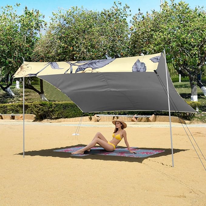 Bird Beige Beach Tent Sun Shelter 9.2' x 10.5' Beach Canopy with 4 Sandbags 4 Stability Poles Sand Shovels - Tent Canopy for Beach Camping Fishing Picnics