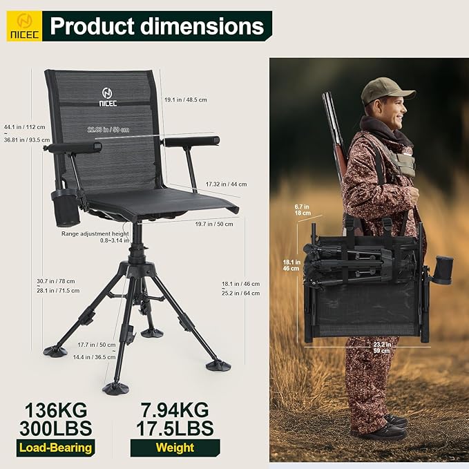 Nice C Swivel Hunting Chair 360 Degree Rotating Silent Hunting Blind Chair Turkey Chairs Strutter Chairs with Adjustable Height Armrest No-Sink Feet Shoulder Strap Cup Holder