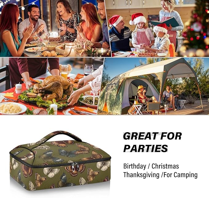 Casserole Carrier Green ButterfliesInsulated Casserole Carrier for Hot or Cold Food Thermal Lunch Tote for Potluck Parties Picnic Beach Fits 9 x 13 Inches Baking Dish