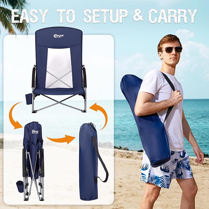 Portal Beach Chairs for Adults Camping Low Lightweight Portable Chair with Cup Holder Mesh Back Carry Bag for Outdoor Sand Lawn Travel Picnic Festival Concert