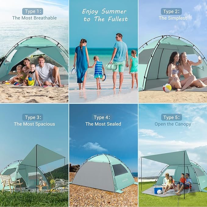 Elegear CumbreX™ Beach Tent Sun Shelter with Canopy 4-5 Person Pop Up Beach Tent Easy Setup UPF 50+ UV Protection Portable Lightweight Double Silver Coating Cabana Sun Shade Shelter - Green